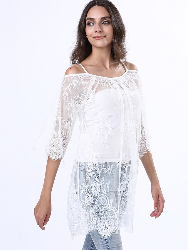  Women's Blouse Shirt Solid Colored Strap White Black Short Sleeve Casual Daily Lace Tops Cotton
