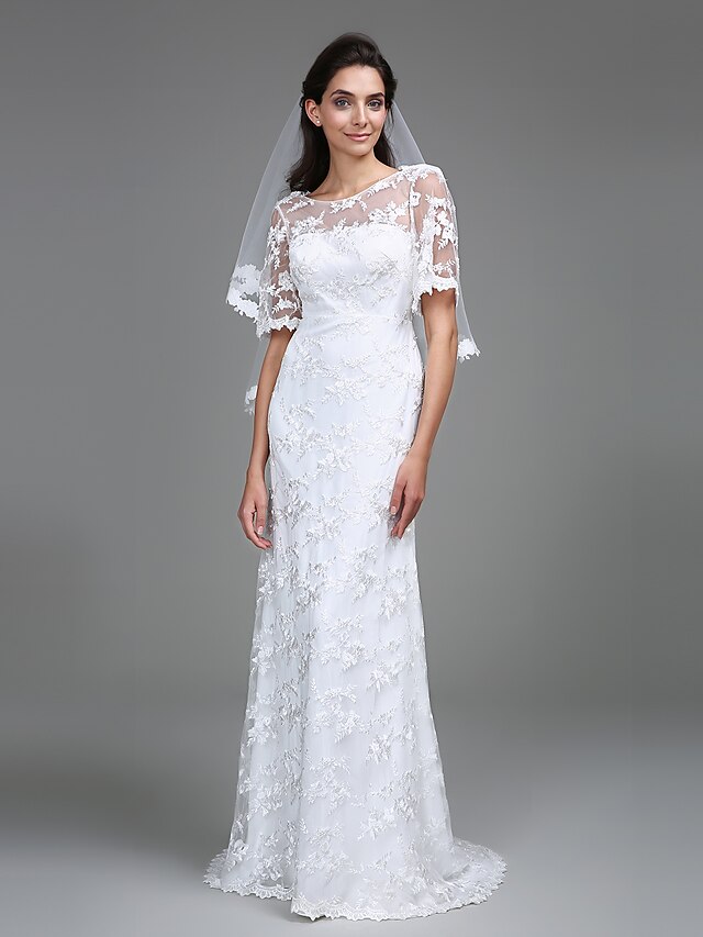  Sheath / Column Scoop Neck Floor Length Lace Made-To-Measure Wedding Dresses with Lace by LAN TING BRIDE® / See-Through