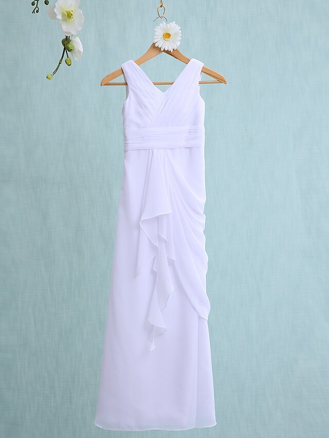  Sheath / Column V Neck Floor Length Chiffon Junior Bridesmaid Dress with Ruched / Cascading Ruffles / Natural