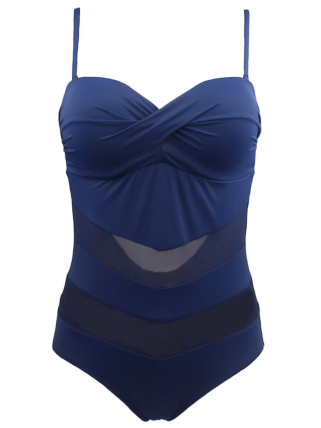  Damen Badeanzug Ein Stück Bademode Einfarbig Schwarz Marinenblau Halfterhals Badeanzüge Netz Push-Up