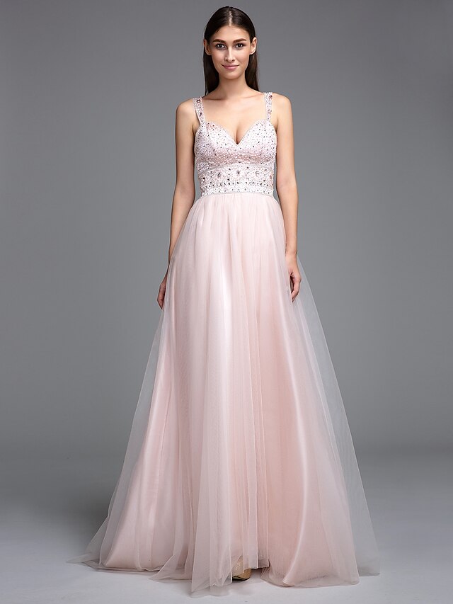  A-Line Straps Floor Length Tulle Open Back Prom / Formal Evening Dress with Beading by TS Couture®