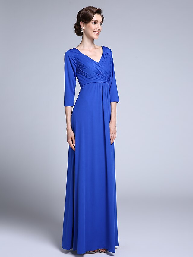  Sheath / Column V Neck Floor Length Chiffon Mother of the Bride Dress with Criss Cross by LAN TING BRIDE®