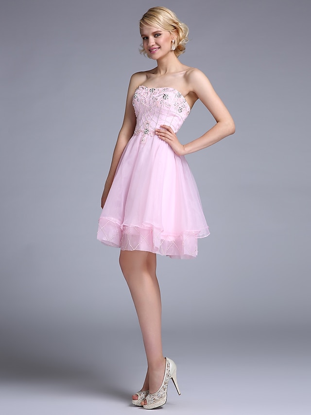  A-Line / Fit & Flare Strapless Knee Length Organza Dress with Beading by TS Couture®