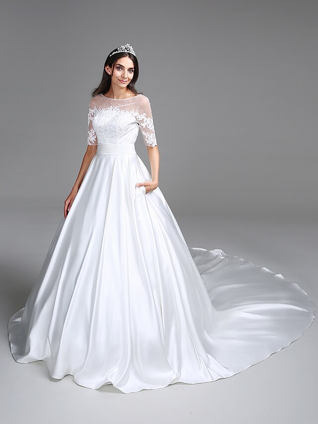  Wedding Dresses Ball Gown Illusion Neck Half Sleeve Cathedral Train Satin Bridal Gowns With Ruched Sequin 2023