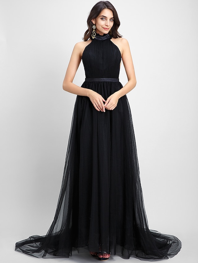  A-Line Celebrity Style Dress Formal Evening Chapel Train Sleeveless Halter Neck Tulle with Draping 2023