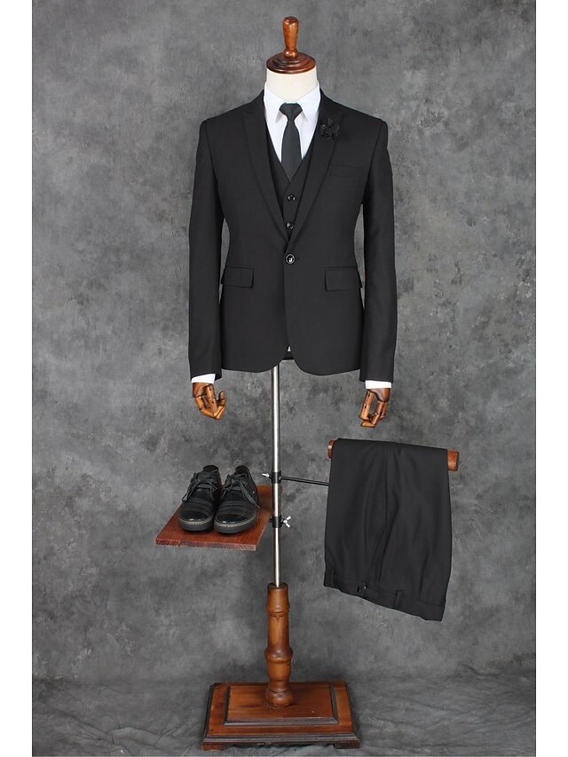  Black Solid Colored Tailored Fit Polyester Suit - Peak Single Breasted One-button