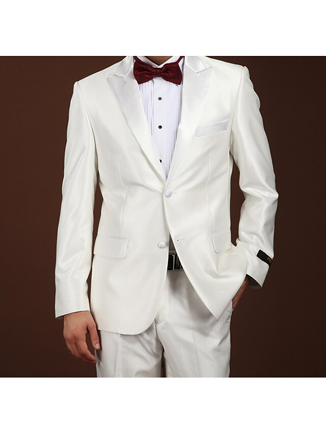  Branco Sólido Fino Lã Terno - Notch / Paletó Comum 2 Botões / Suits