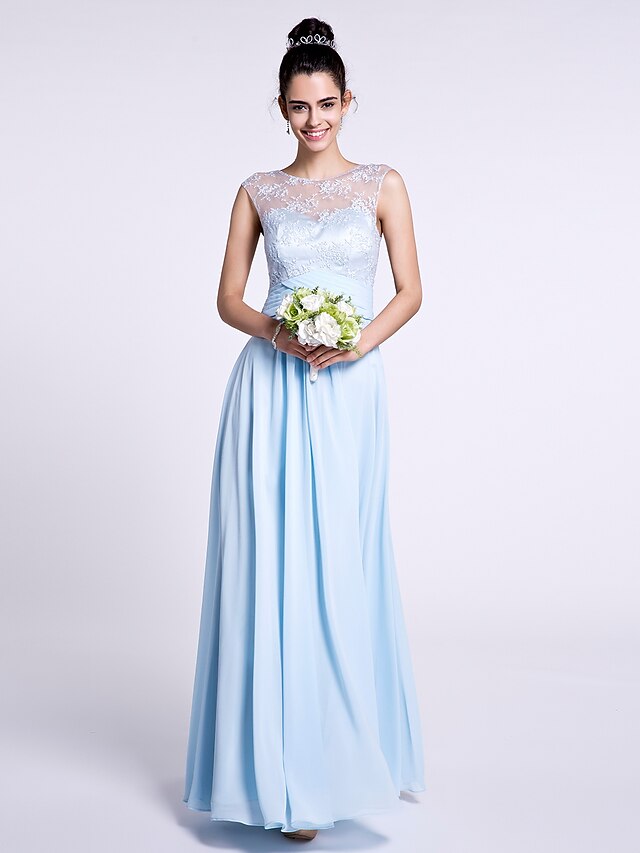  Sheath / Column Bateau Neck Ankle Length Chiffon / Lace Bridesmaid Dress with Lace by LAN TING BRIDE® / See Through