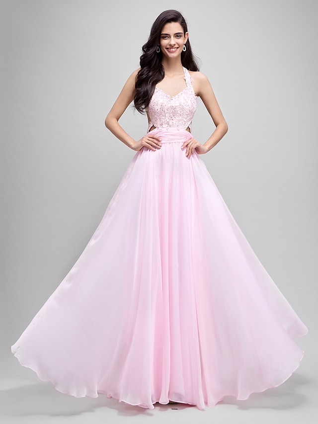  A-Line Halter Neck Floor Length Chiffon Dress with Appliques by TS Couture®