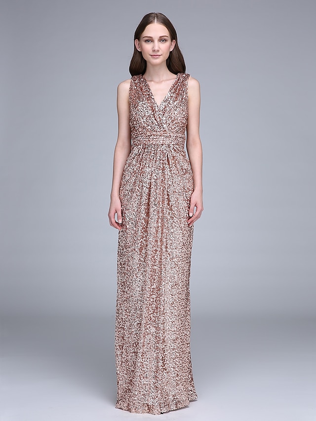  Sheath / Column V Neck Floor Length Sequined Bridesmaid Dress with Ruched / Sequin / Open Back