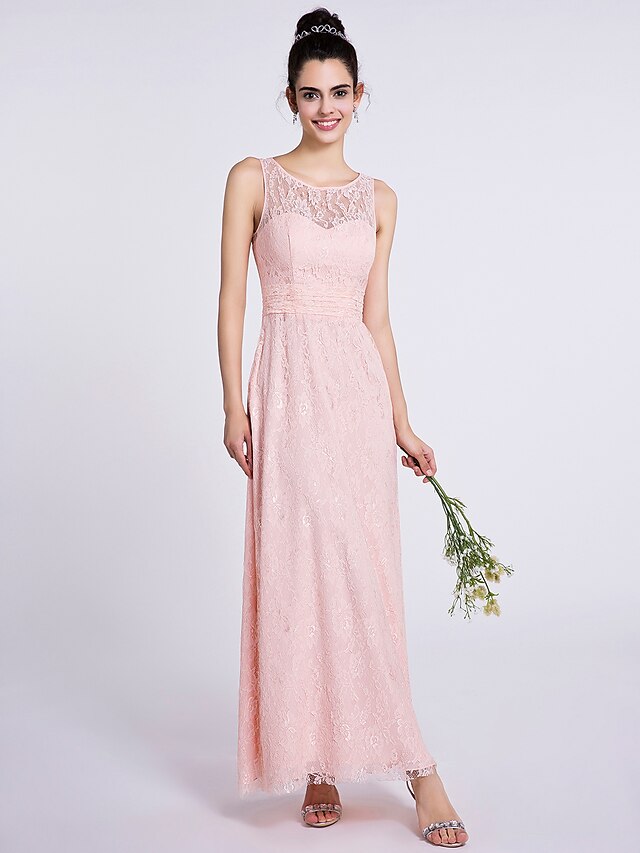  Sheath / Column Scoop Neck Ankle Length Lace Bridesmaid Dress with Lace by LAN TING BRIDE®