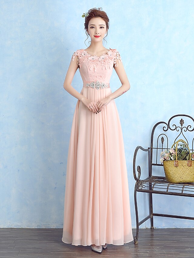  Sheath / Column Scoop Neck Floor Length Chiffon / Lace Bridesmaid Dress with Crystals by