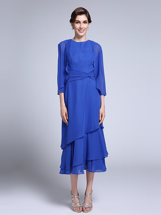  Sheath / Column Jewel Neck Tea Length Chiffon Mother of the Bride Dress with Side Draping by LAN TING BRIDE®