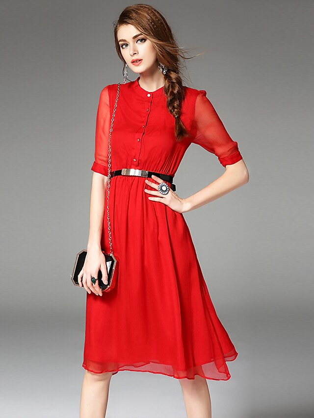  Ewheat® Women's Stand 1/2 Length Sleeve Midi Dress-H2500