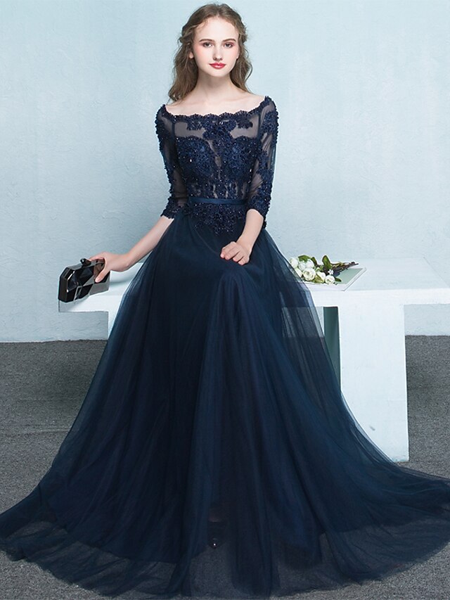  A-Line Bateau Neck Floor Length Tulle Formal Evening Dress with Beading / Appliques by LAN TING Express