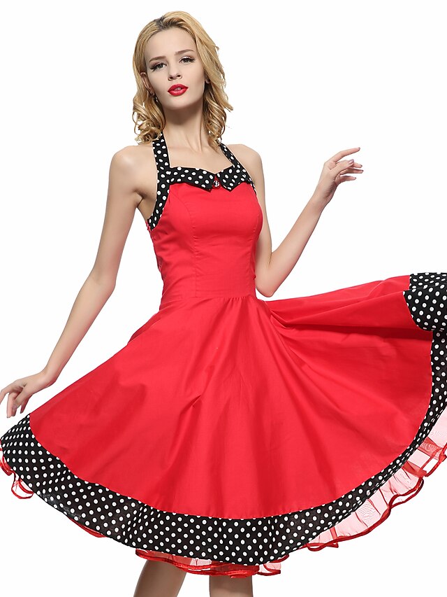  Women's Lace up Party Vintage A Line Dress - Polka Dot Solid Colored Backless Pleated Halter Neck All Seasons Cotton Black Red S M L XL