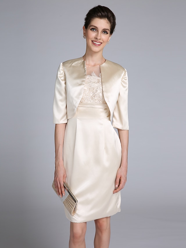  Sheath / Column Jewel Neck Knee Length Lace Over Satin Mother of the Bride Dress with Appliques / Lace by LAN TING BRIDE®
