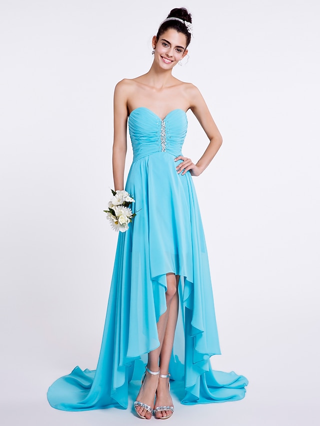  A-Line Bridesmaid Dress Sweetheart Sleeveless Open Back Asymmetrical Chiffon with Ruched / Beading