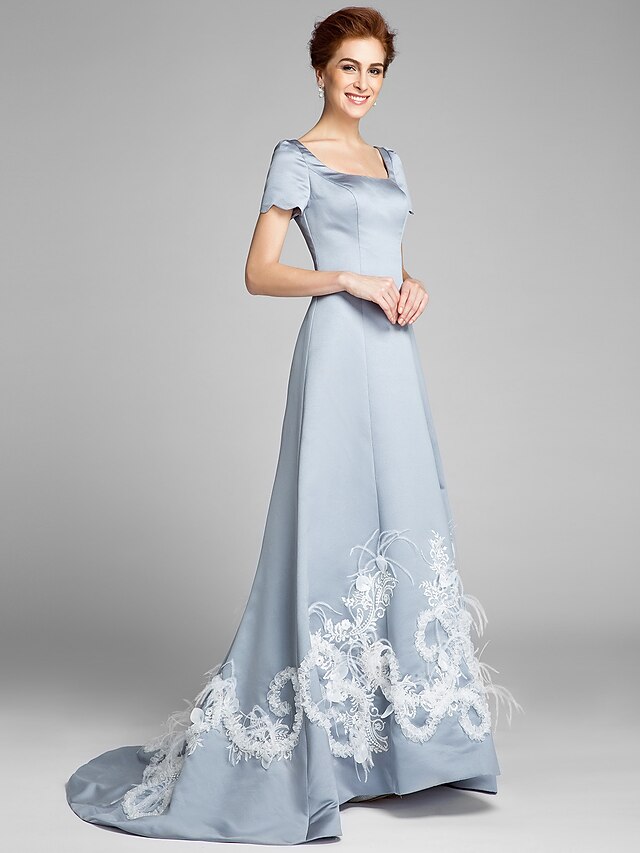 A-Line Square Neck Court Train Satin Mother of the Bride Dress with Appliques / Feathers / Fur by LAN TING BRIDE®