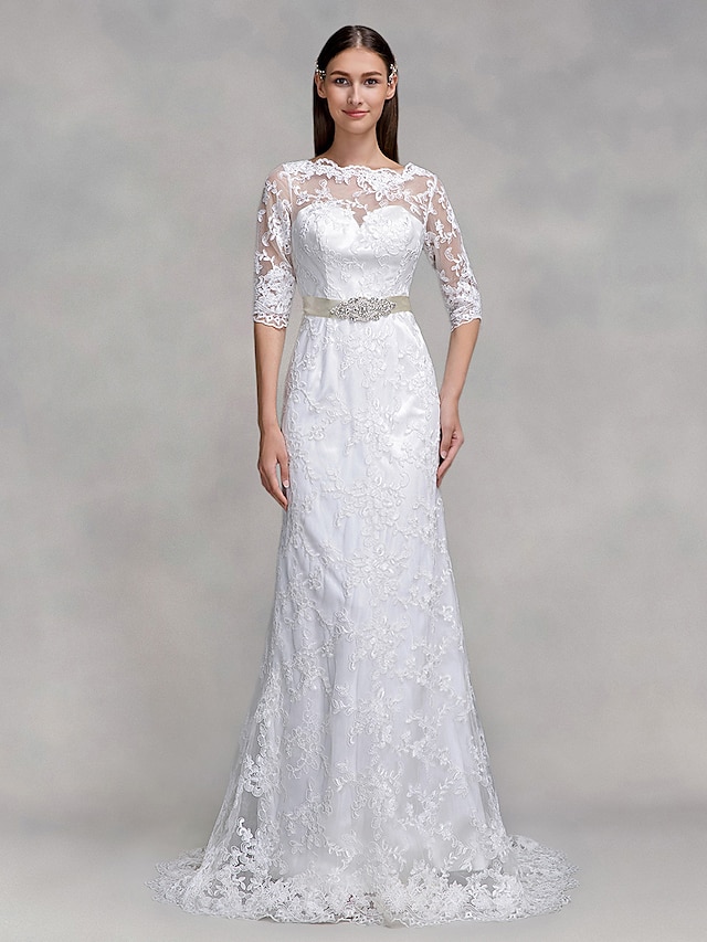  Mermaid / Trumpet Bateau Neck Sweep / Brush Train Lace Made-To-Measure Wedding Dresses with Lace by LAN TING BRIDE® / See-Through