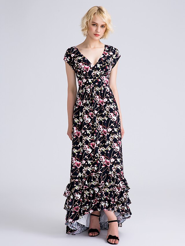  Sheath / Column Bridesmaid Dress V Neck Short Sleeve Pattern Dress Asymmetrical Chiffon with Pattern / Print