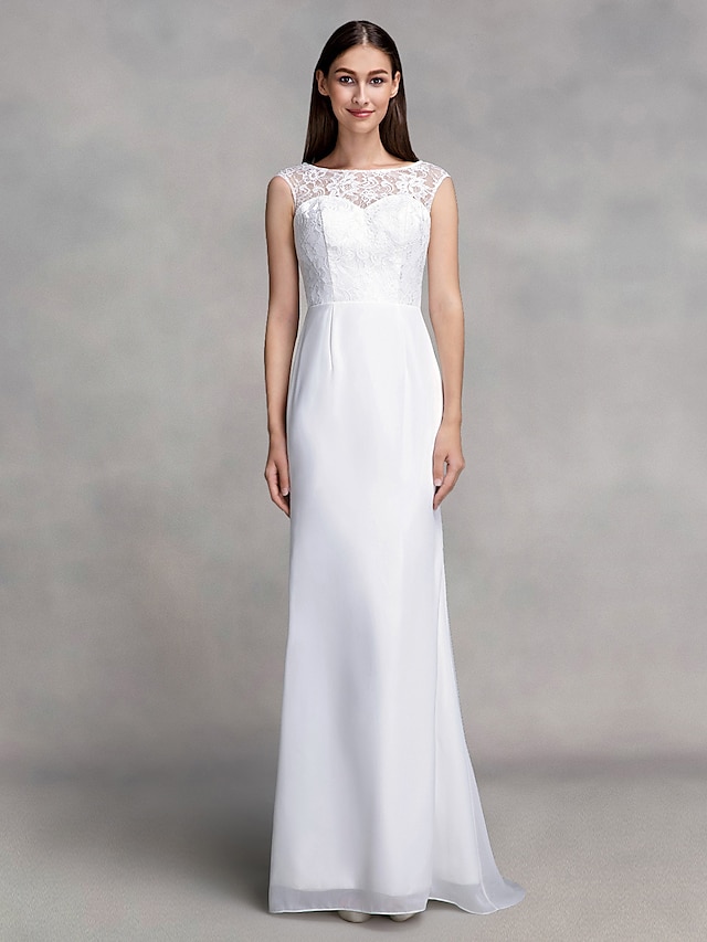  Wedding Dresses Mermaid / Trumpet Bateau Neck Sleeveless Floor Length Chiffon Bridal Gowns With Lace 2023
