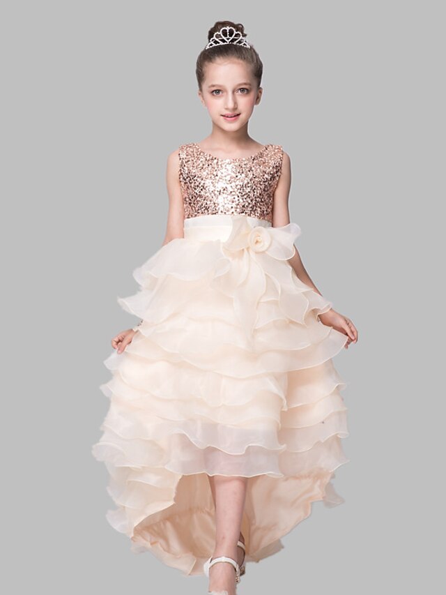  Ball Gown Asymmetrical Flower Girl Dress - Organza / Satin / Sequined Sleeveless Jewel Neck with Sequin / Bow(s) by LAN TING Express