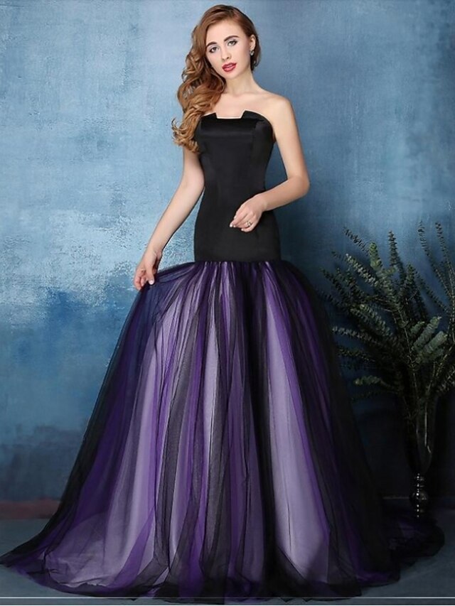  Fit & Flare Color Block Formal Evening Dress Notched Sleeveless Sweep / Brush Train Tulle with Pleats 2020