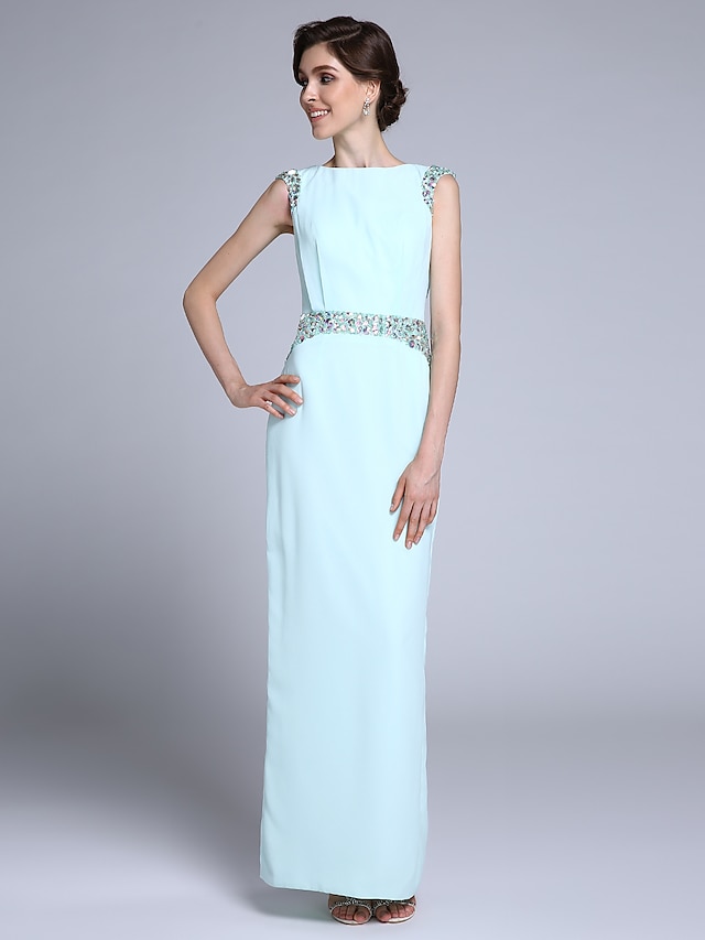  Sheath / Column Mother of the Bride Dress Elegant Bateau Neck Ankle Length Chiffon Sleeveless No with Crystals 2023