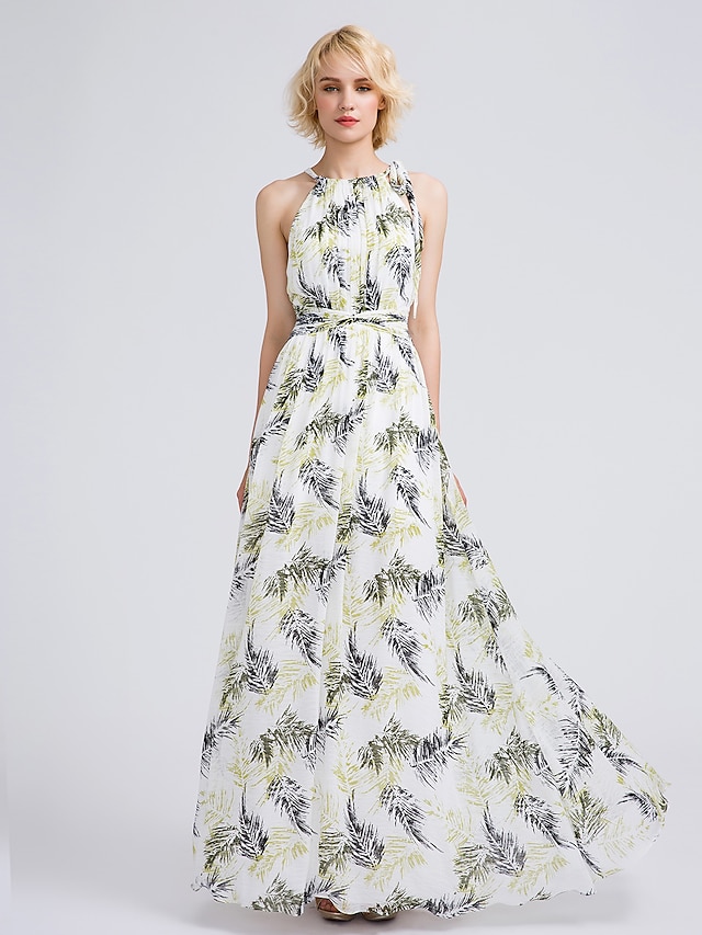  A-Line Bridesmaid Dress Jewel Neck Sleeveless Pattern Dress Floor Length Chiffon with Pattern / Print