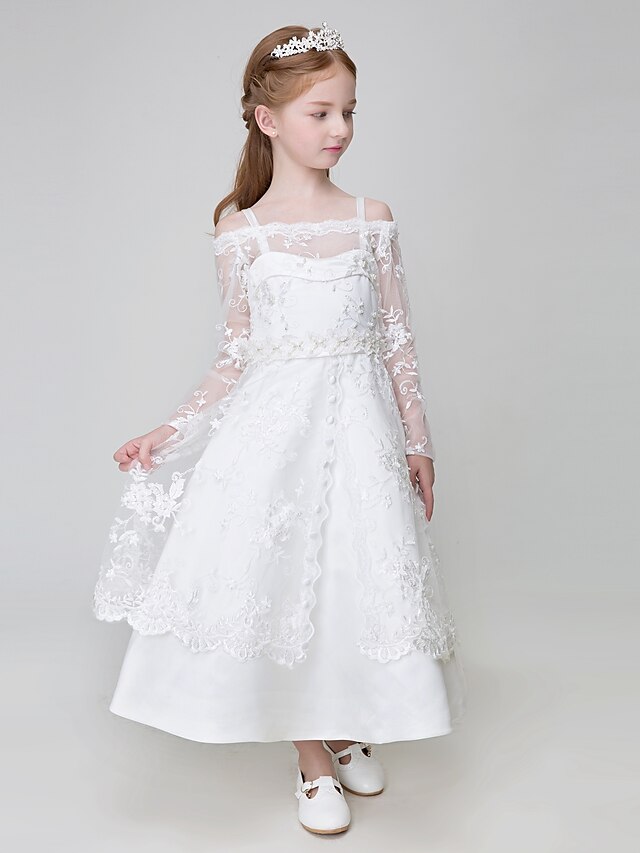  Ball Gown Ankle Length Flower Girl Dress - Polyester Tulle Long Sleeves Spaghetti Straps with Appliques by LAN TING BRIDE®