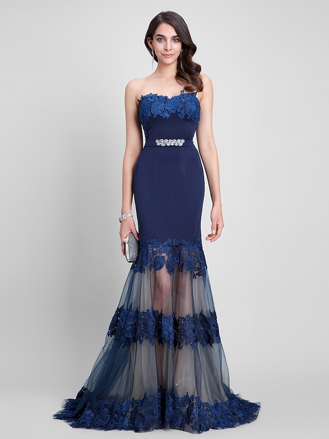  Fit & Flare Sweetheart Neckline Sweep / Brush Train Tulle / Jersey Holiday / Cocktail Party / Formal Evening Dress with Lace / Sash / Ribbon / Beading