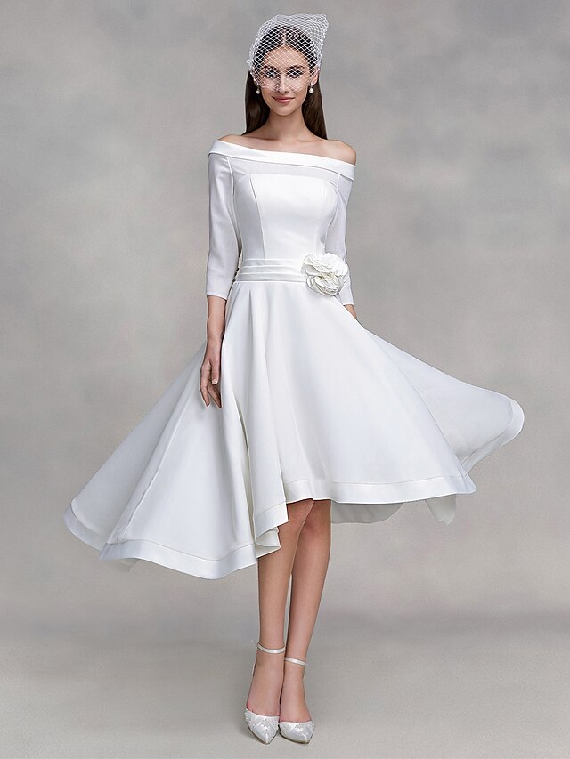  Corte en A Vestidos de novia Hombros Caídos Asimétrica Raso Satén Manga 3/4 Vestidos Blancos con Flor Botón 2020