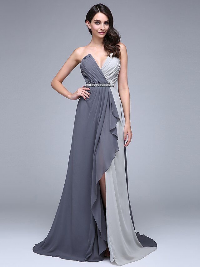  A-Line Color Block Formal Evening Dress V Neck Sleeveless Court Train Chiffon with Criss Cross Crystals Beading 2020