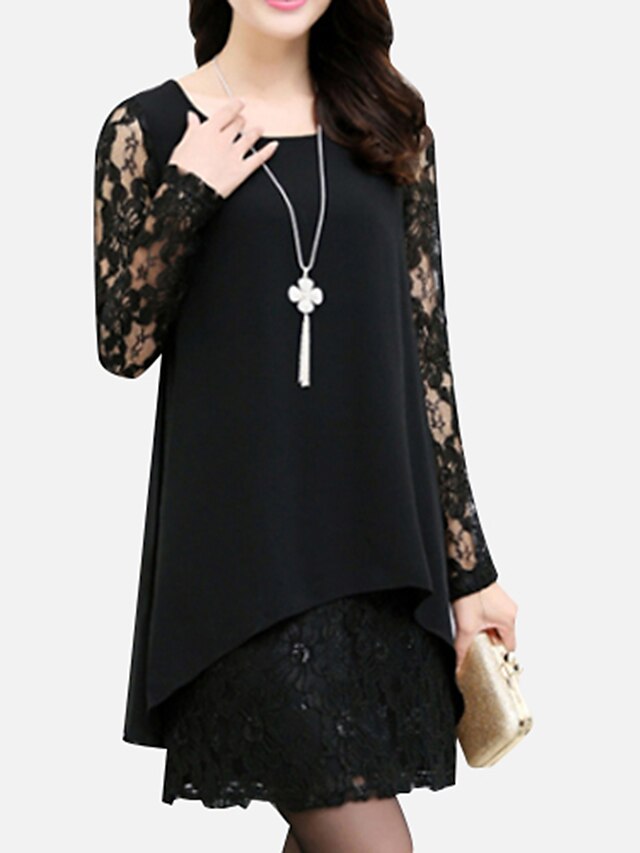  Women's Loose Long Sleeve Black Solid Colored Spring Summer Plus Size Lace Wine Black L XL XXL 3XL 4XL / Mini