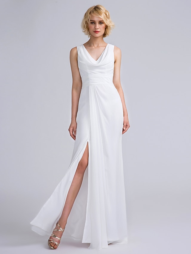  Sheath / Column Bridesmaid Dress V Neck Sleeveless Furcal Floor Length Chiffon with Ruched