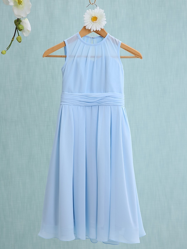  Funda / Columna Hasta la Rodilla Joya Gasa Junior vestidos de dama de honor y vestidos Con Fruncido Azul Vestido de invitada de boda para niños 4-16 años