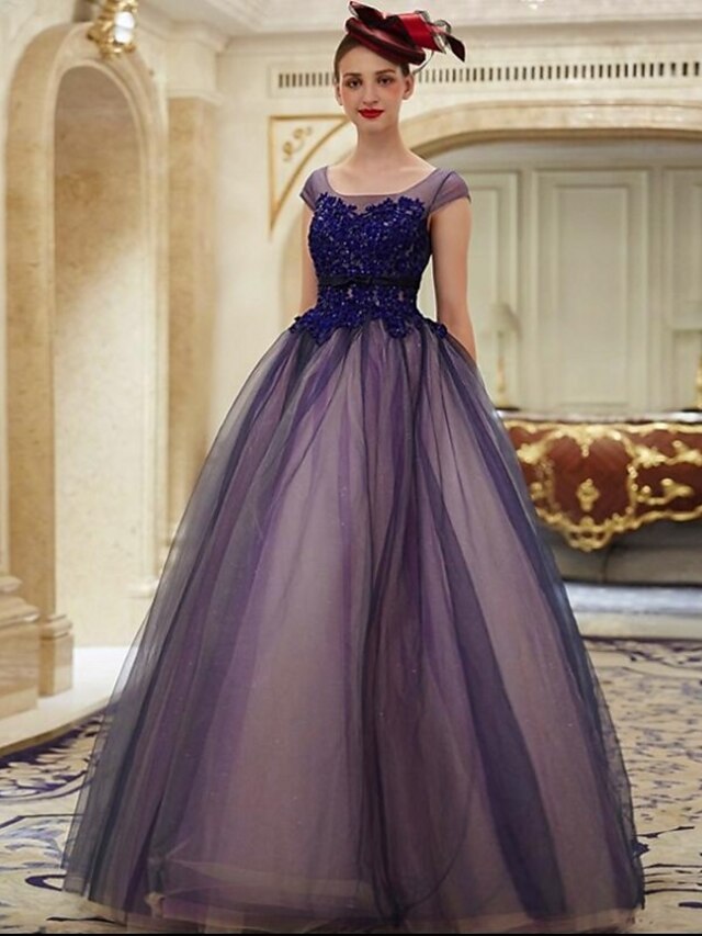  Ball Gown Scoop Neck Floor Length Lace / Tulle Color Block Formal Evening Dress with Appliques by LAN TING Express