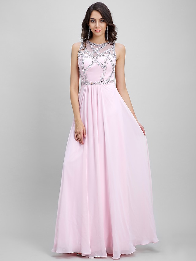  Ίσια Γραμμή Illusion Seckline Μακρύ Σιφόν Φόρεμα με Χάντρες με TS Couture®