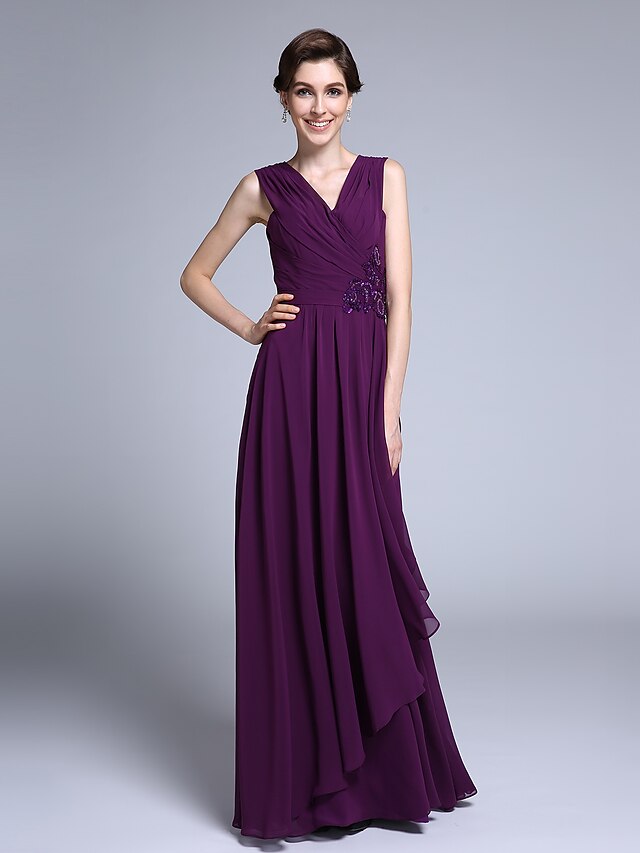  Sheath / Column Mother of the Bride Dress Elegant V Neck Floor Length Chiffon Sleeveless No with Criss Cross Sequin 2023