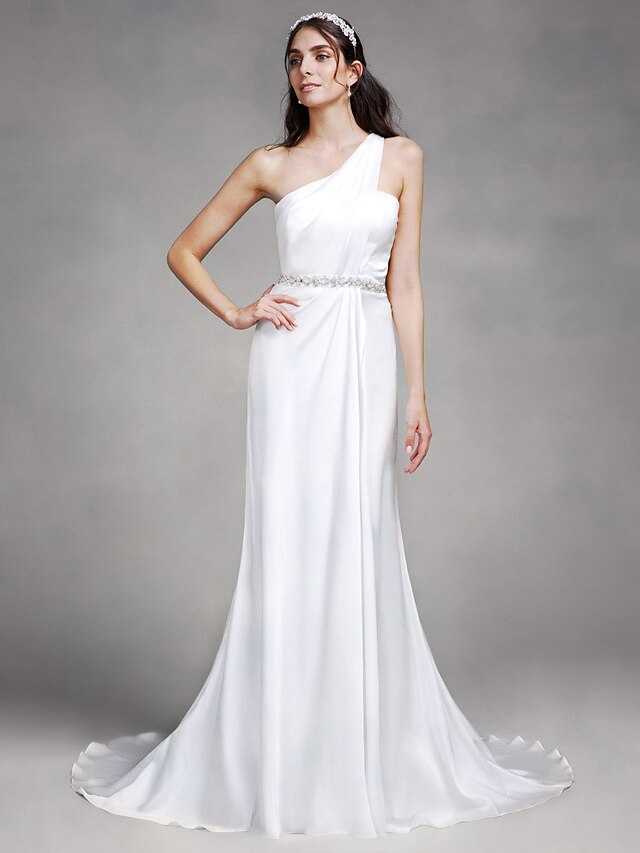  Wedding Dresses Sheath / Column One Shoulder Sleeveless Court Train Satin Bridal Gowns With Beading 2023