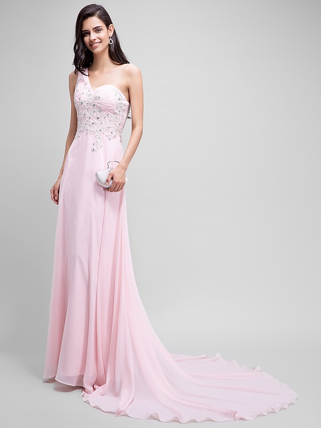  A-Line One Shoulder Court Train Chiffon Dress with Beading by TS Couture®