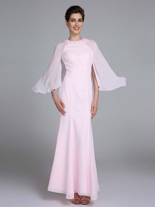  Mermaid / Trumpet Mother of the Bride Dress Elegant Jewel Neck Ankle Length Chiffon Long Sleeve No with Beading 2023