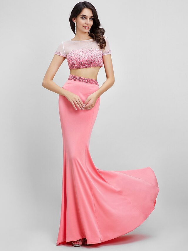  Two Piece Mermaid / Trumpet Two Piece Prom Formal Evening Dress Bateau Neck Short Sleeve Sweep / Brush Train Jersey with Beading