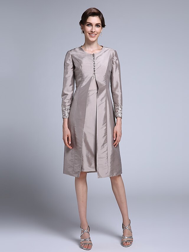  Szűk szabású Örömanya ruha Átalakítható ruha Kanálnyak Térdig érő Taft Hosszú ujj val vel Rátétek 2021