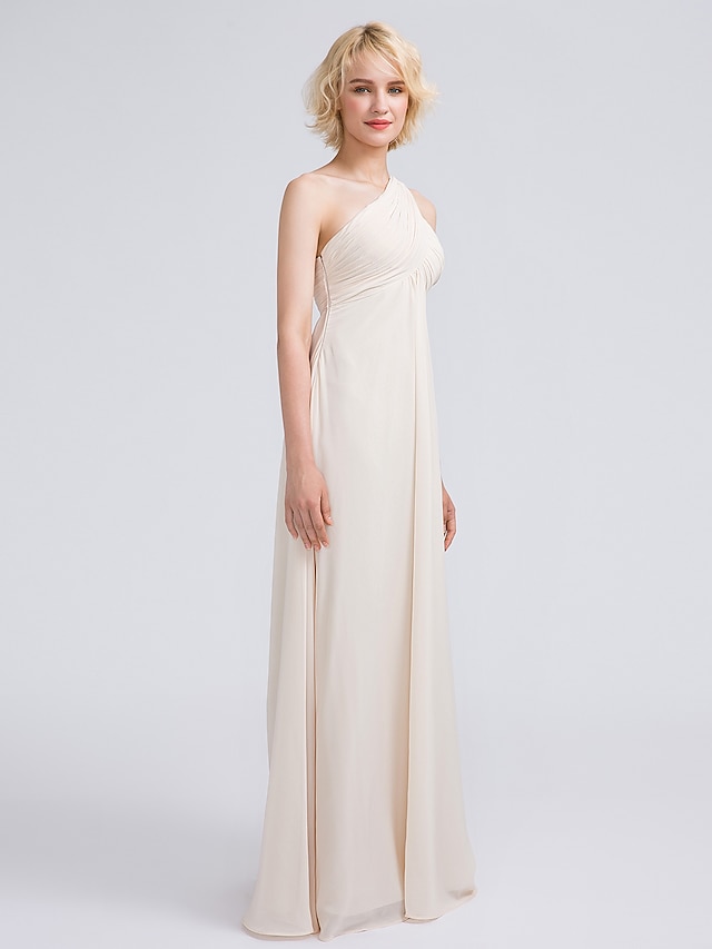  Sheath / Column Bridesmaid Dress One Shoulder Sleeveless Elegant Floor Length Chiffon with Criss Cross / Ruched