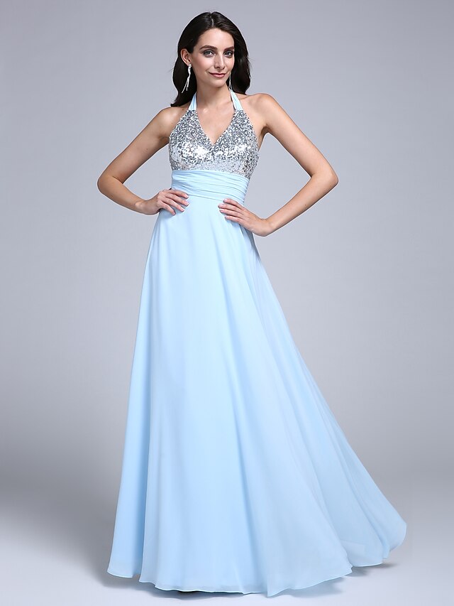  Sheath / Column Sparkle & Shine Pastel Colors Beaded & Sequin Prom Formal Evening Dress Halter Neck Sleeveless Floor Length Chiffon with Ruched Sequin 2020