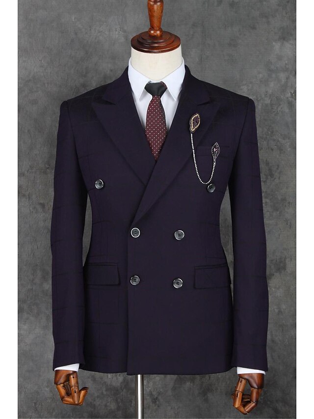  Purple Stripes Slim Fit Polyester Suit - Slim Notch Double Breasted Two-buttons / Suits
