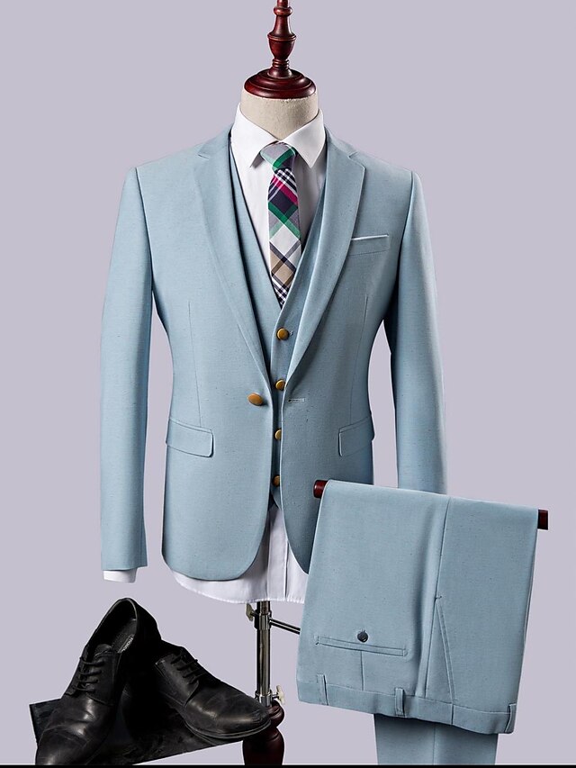  Sky Blue Solid Colored Slim Fit Polyester / Rayon(T / R) Suit - Notch Single Breasted One-button / Suits