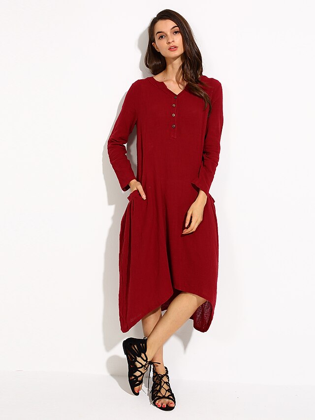  Women's Casual Cotton Loose / Swing Dress - Solid Colored Asymmetrical V Neck